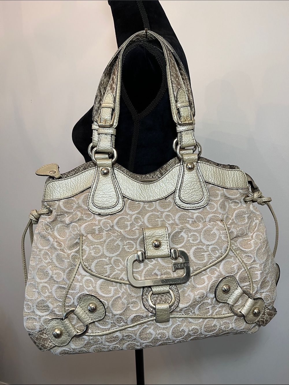 Vintage Y2K Guess Monogram Large Shoulder Bag, beige with gold tone hardware